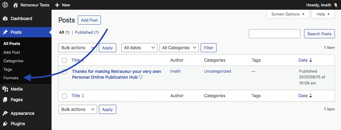 Post Formats Admin menu