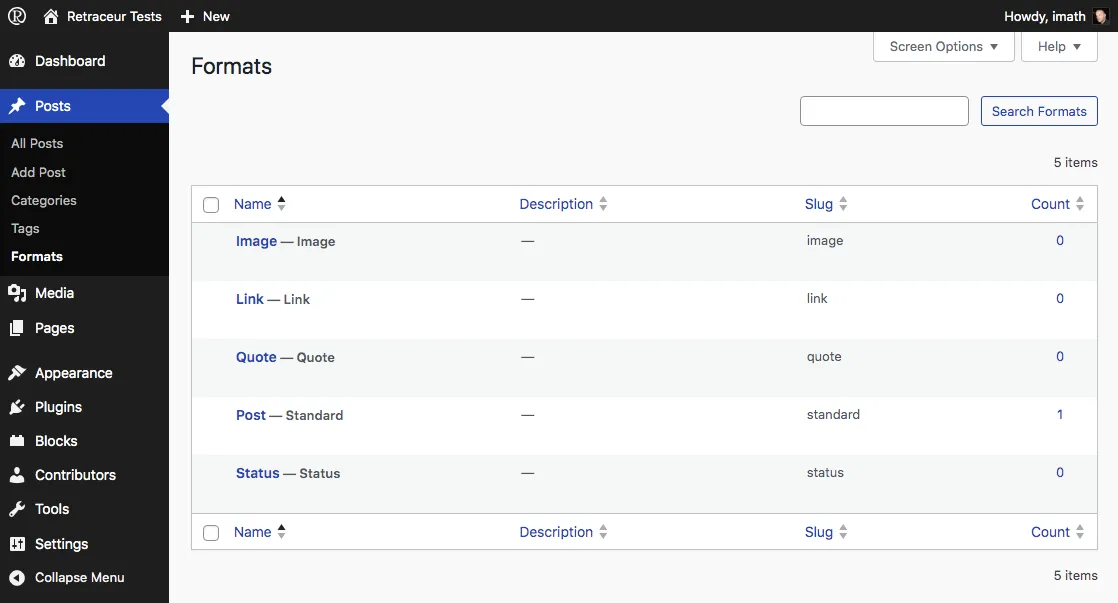 Post Formats Admin Screen