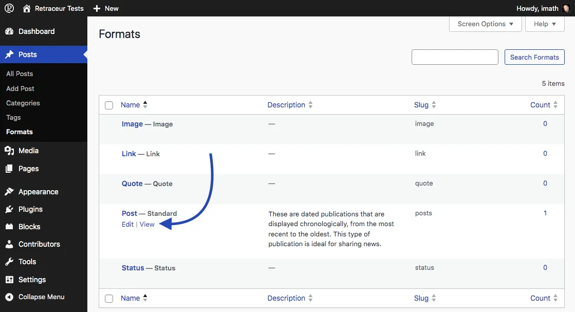 Post Formats View Action link
