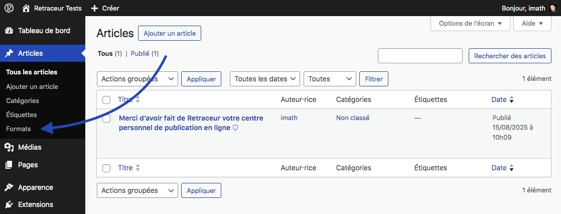 Menu d&#x27;administration des formats d&#x27;article
