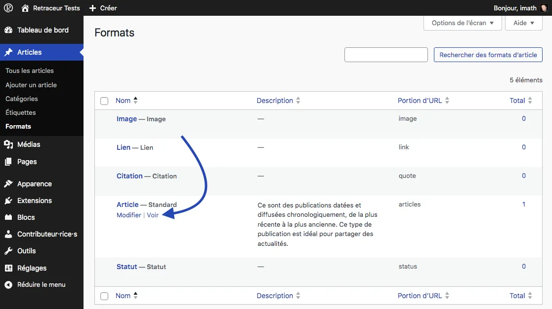 Post Formats View Action link