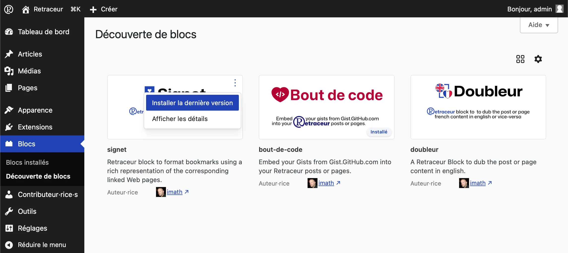 Actions d’un bloc