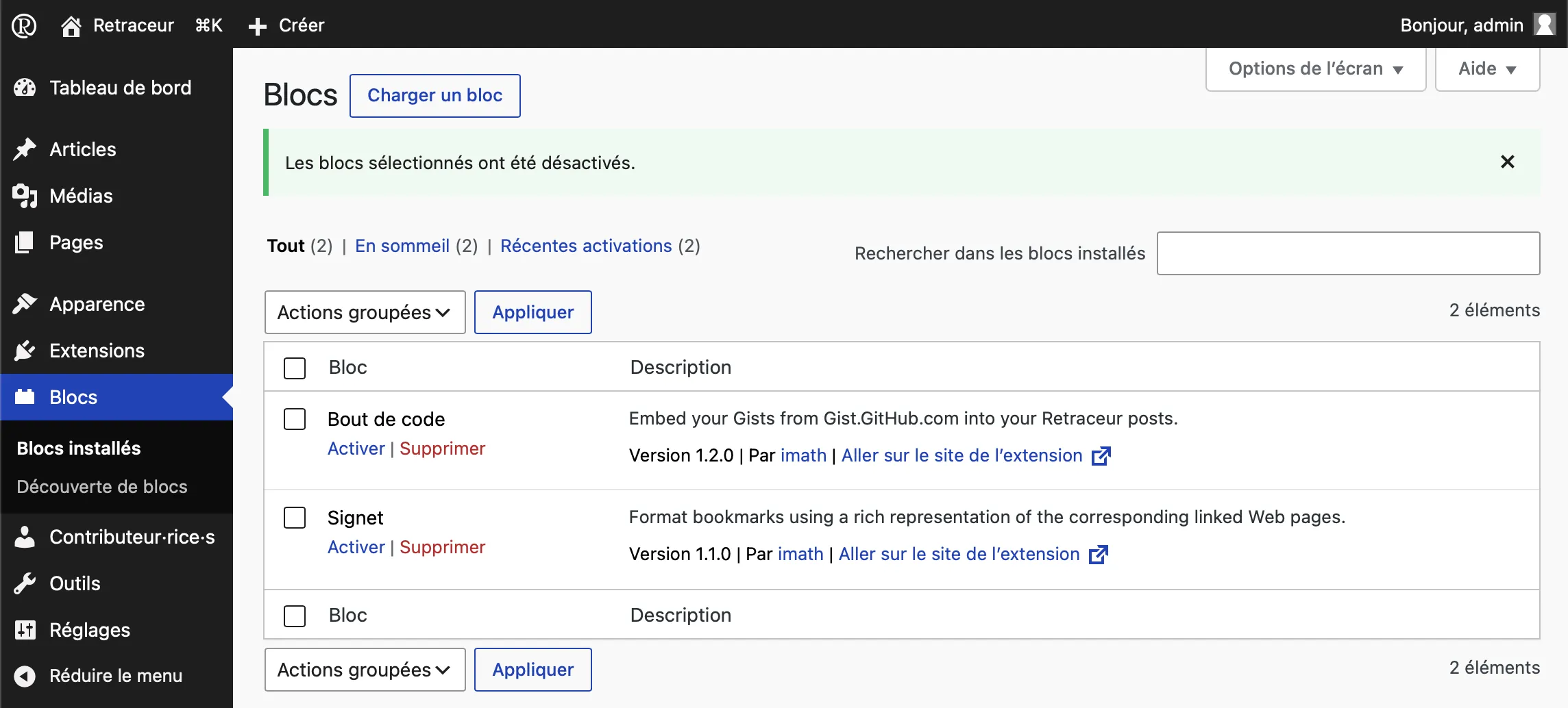 Blocs désactivés