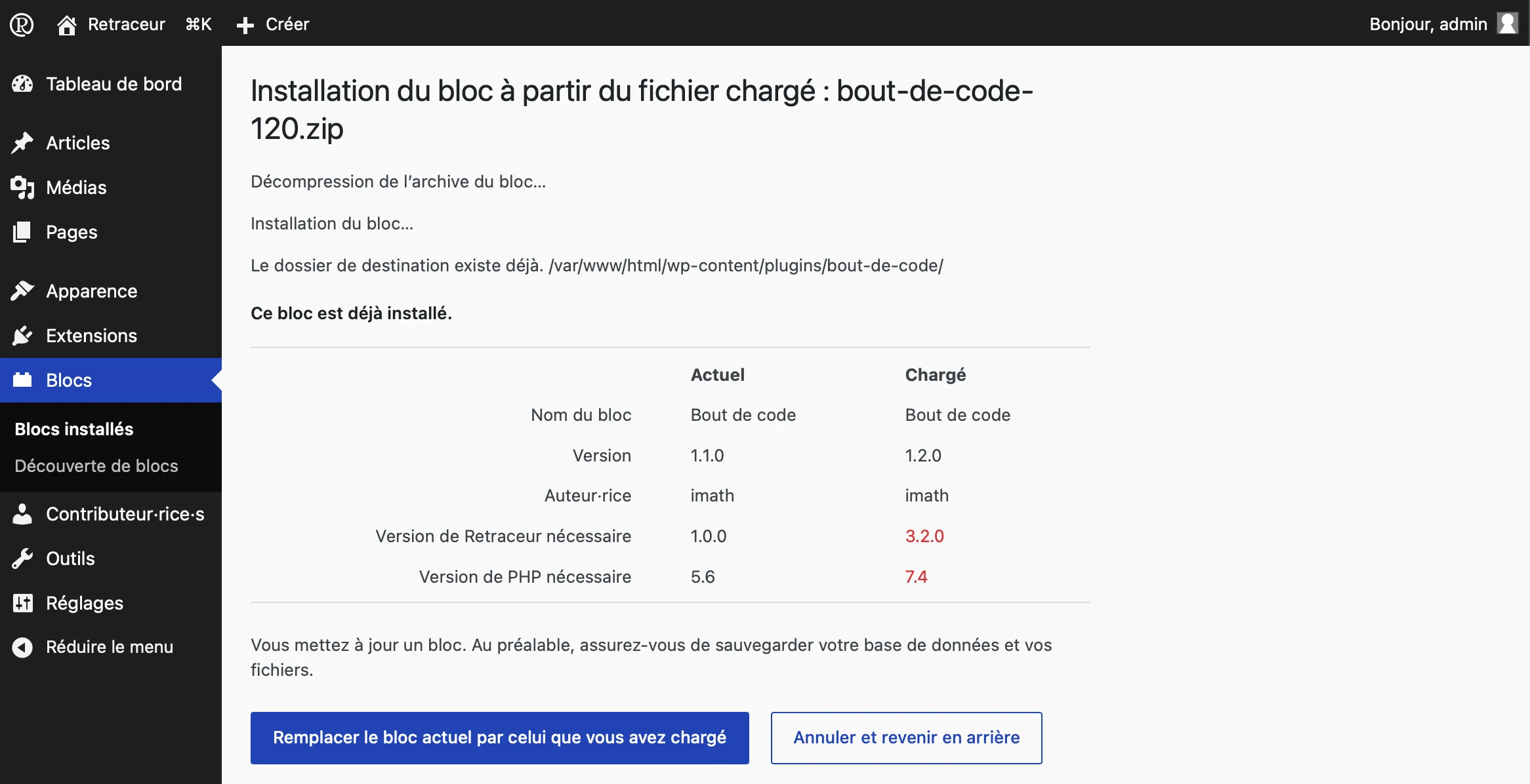 Mettre à niveau un bloc