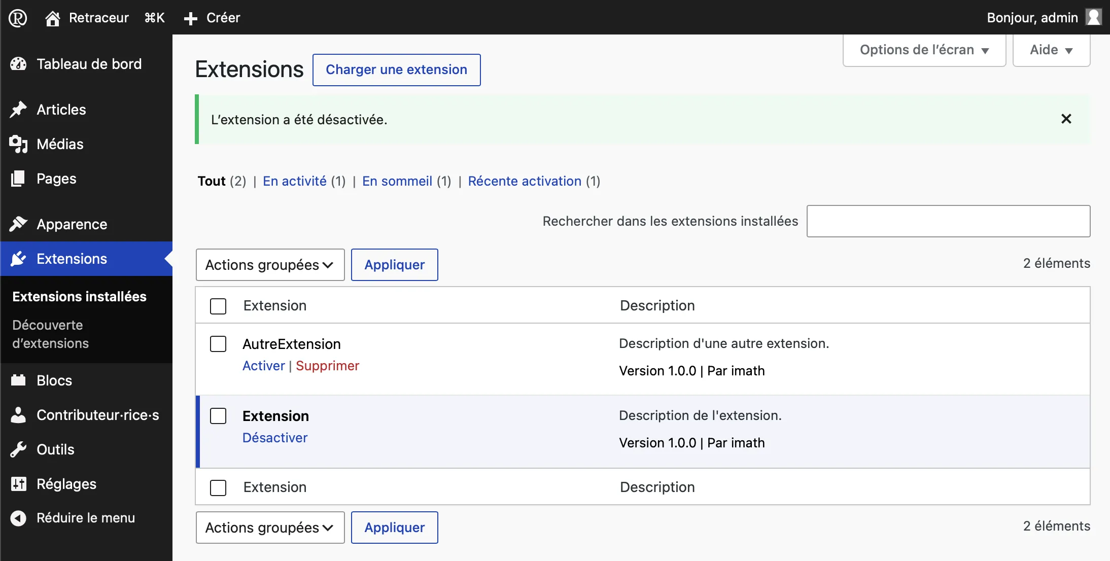 Extension désactivée