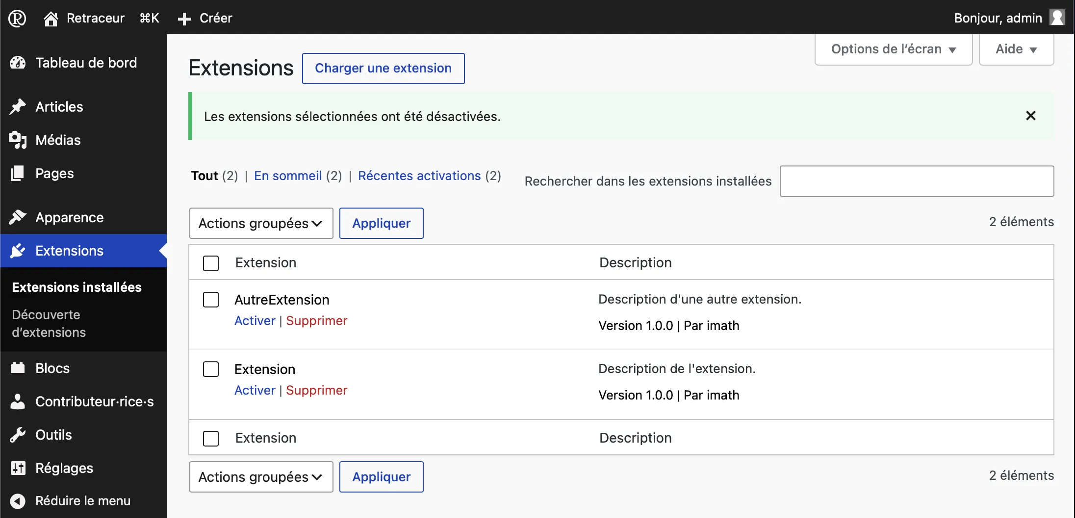 Extension désactivées