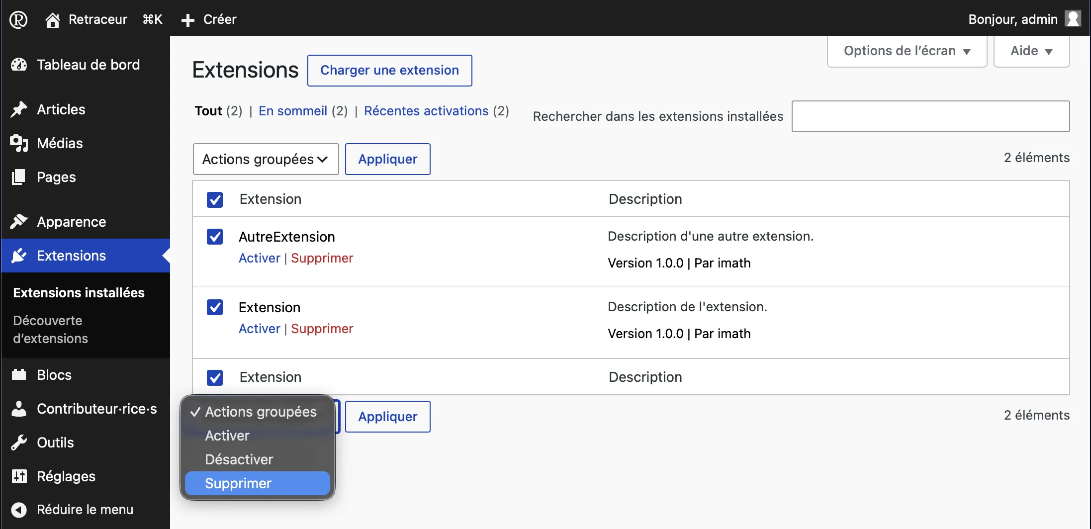 Supprimer des extensions