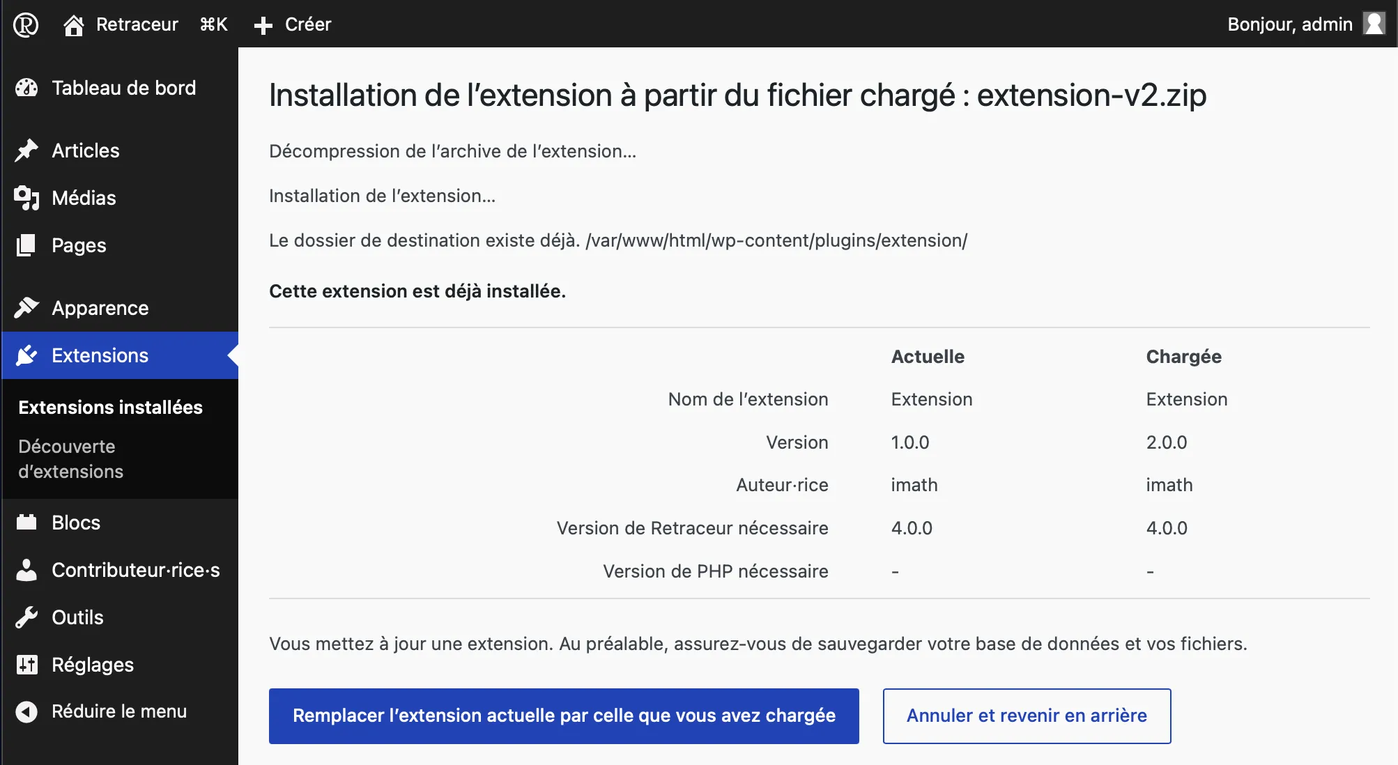 Mettre à niveau une extension