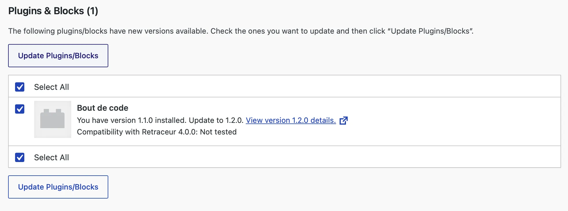 Plugins/Blocks selected for update